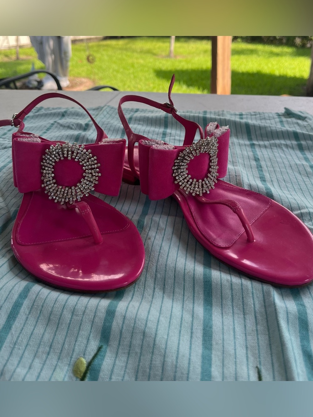Alexandre Birman "Maddie" Women’s Fuchsia Rhinestone  Bow T-Strap Sandals